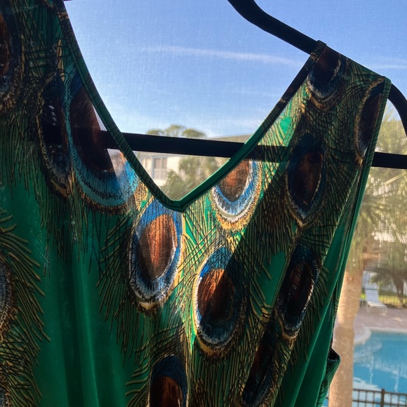 Green Multicolored V Neck Sleeveless Peacock Print Maxi Dress Sz M - Picture 7 of 14